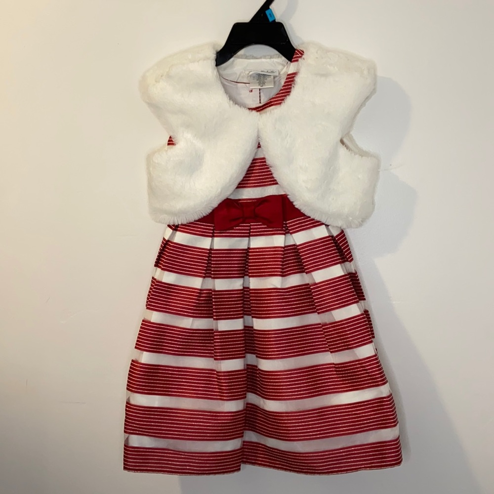 NEW Jona Michelle red & White Holiday Christmas Dress w/ faux fur shrug. 4T & 5